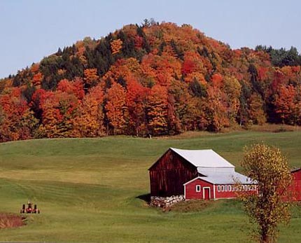 Vermont farm with colored leaves in fall